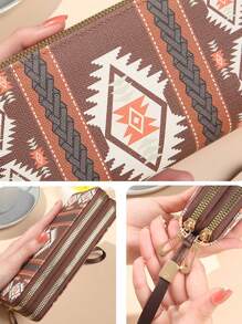 Cartera de mujer con estampado bohemio largo, embrague de muñeca, monedero manual, bolso de viaje con portador de tarjeta de crédito para hombres. Carteras largas bohemias para mujer, monedero con cremallera y soporte para tarjetas y teléfono - Café integral - Ver 11