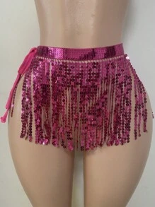 Faldón de danza del vientre para mujer con pañuelo de cadera, falda envolvente con cadena de cintura y lentejuelas, faldas con flecos brillantes para danza del vientre, disfraz de vaquera espacial para Mardi Gras
