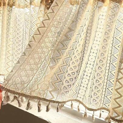 1pc Beige Wavy Lace Decorative Rod Pocket Sheer Curtain Panel Cafe Curtain Divider, Holiday Decor