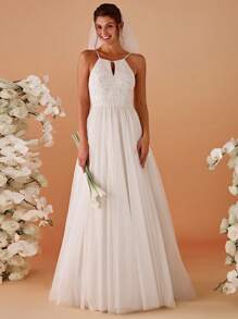 Mesh Cold Shoulder Embroidered Wedding Dresses Elegant White Bridal Gown - White - View 5