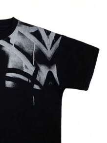 Black Graphic Print Round Neck T-Shirt, Men's Simple, Sports, Casual, Loose, Short Sleeve Top For Summer