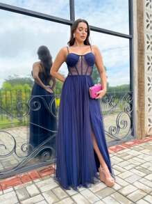 WEDDING PARTY DRESS FOR GRADUATES IN TULLE WITH SHINE AND CORSET - Navy Blue - View 1