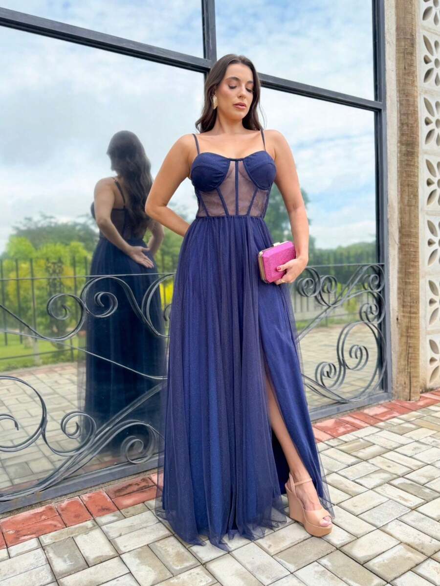 WEDDING PARTY DRESS FOR GRADUATES IN TULLE WITH SHINE AND CORSET - Navy Blue - View 1