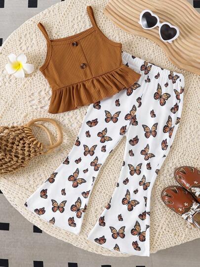 Young Girls Solid Color Ribbed Ruffle Camisole Top + Butterfly Print Flare Pants Set