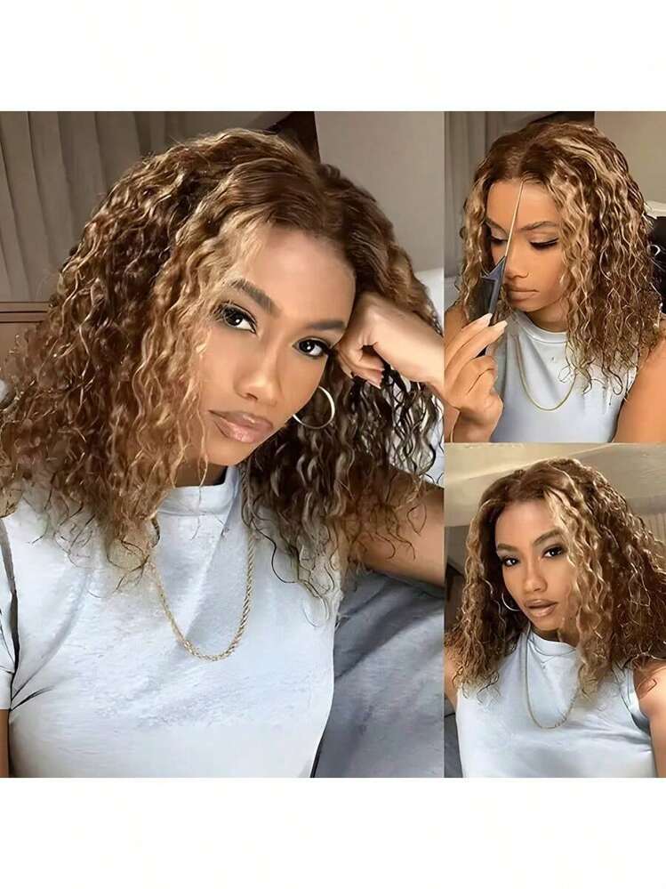 PAZAT Honey Blonde Curly Wig Human Hair 13x4 HD Highlight Ombre Deep Wave Lace Front Wigs Human Hair Pre Plucked 180% Density 4/27 Colored Bob Wigs For Women Wet And Wavy Lace Front Wigs - Piano Color - View 2