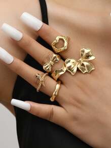 6pcs Set Rhinestone Snake Ring, Bow And Heart Shaped Knuckle Rings, Suitable For Women's Daily Casual And Party Wear Valentines,Mom,Mother,Mother's Day,Gift