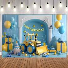 1PC Blue And Yellow Excavator Toy Balloon Gift Box Room Decoration Background Birthday Cake Table Supplies Decoration Back Cloth Banner Perfectly Decorated Birthday Party Room Wall Back Cloth Studio Props Unwashed 82.7*59.1/59.1*39.4/39.4*29.5 Inches