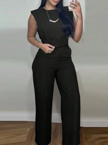 2 Pieces Round Neck Cap Sleeve Crop Top And Casual Pocket Design Straight Pants Set - 黑色 - 查看 1