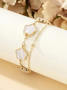 1pc Fashion New Sweet Clover Four-Leaf Lucky Charm Double-Layer Bracelet For Women, Party Gift (Beads Quantity On Bead Chain Is Random) - White - View 2
