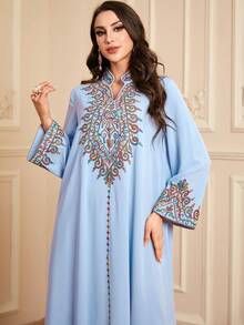Women's Spring/Summer Fashion Embroidered Tie Neck V-Neck Casual Comfortable Long Sleeve Arabic Style Dress, Modest Kaftan - Baby Blue - View 5