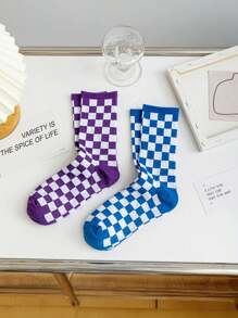 5双男女同款棋盘格图案简约街头时尚复古柔软舒适休闲中筒袜适合居家休闲或户外运动穿着秋季 - 彩色 - 查看 4