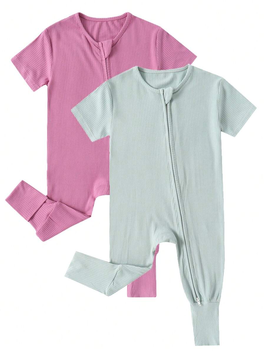 Conjunto de 2 piezas de pelele de bebé niña de fibra de bambú con costillas gruesas y cremallera, suave, transpirable, amigable con la piel, alta elasticidad, conjunto de 2 piezas de costillas gruesas en unicolor, pelele casual de manga corta con cubierta de pie convertible
