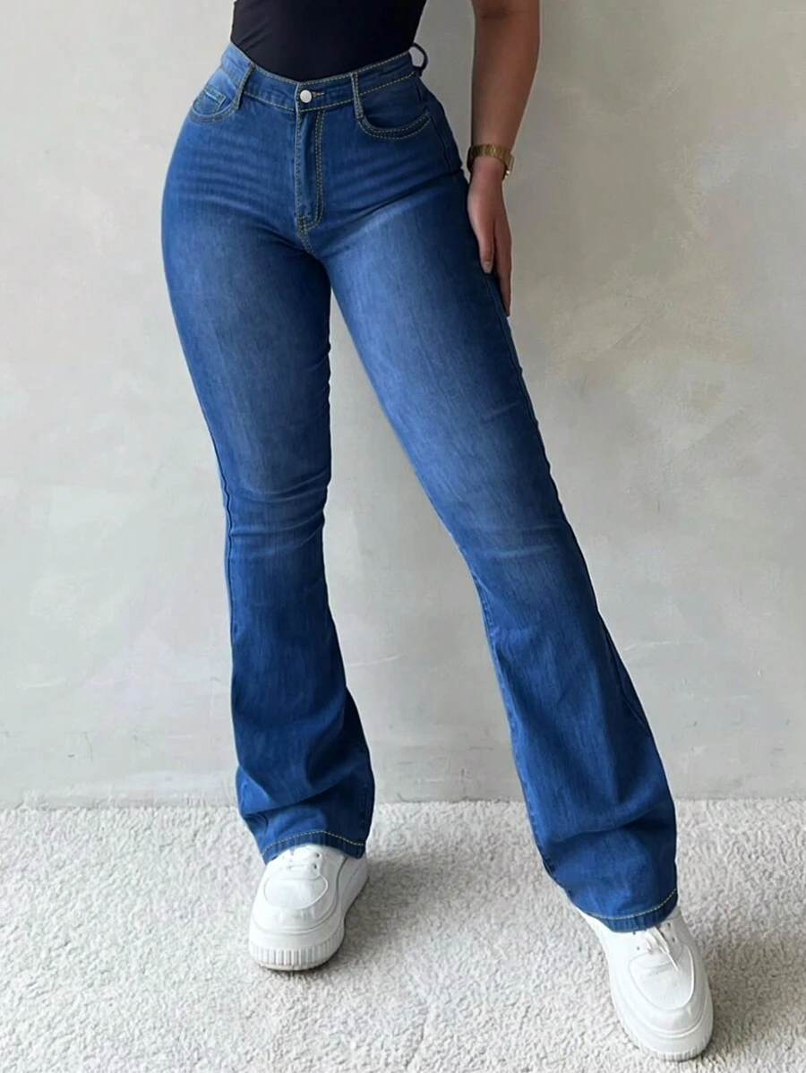 Women Simple Daily Flared Jeans Western Women Attire - 中等水洗藍 - 查看 1