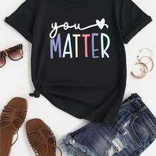 Letter  Print  T  Shirt  Casual  Short  Sleeve  Top  For  Spring  Summer  Women  S   Clothing - 黑色 - 查看 1