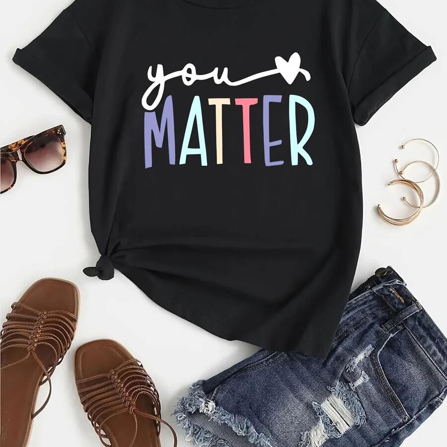 Letter  Print  T  Shirt  Casual  Short  Sleeve  Top  For  Spring  Summer  Women  S   Clothing - 黑色 - 查看 1