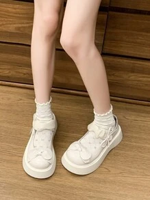 2025 时尚甜美洛丽塔风格玛丽珍蝴蝶结装饰亮面皮革休闲平底鞋 - 白色 - 查看 7