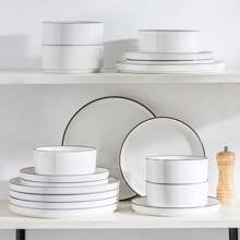 MALACASA 18 Piece, Complete Dinner Service, Semi-Standing High Legged Rim With Black Metal Rim - 6 People - 黑色 - 查看 8