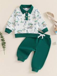 Boys Autumn 2PCS Outfit Sets Long Sleeve Lapel Golf Print Tops Solid Color Pants Sets - Green - View 3