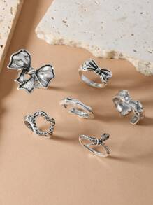 6pcs Set Rhinestone Snake Ring, Bow And Heart Shaped Knuckle Rings, Suitable For Women's Daily Casual And Party Wear Valentines,Mom,Mother,Mother's Day,Gift