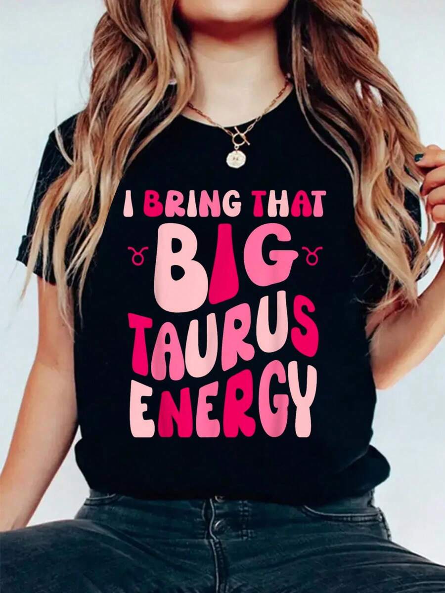 Taurus For Women Groovy Big Taurus Energy Zodiac Horoscope T-Shirt Print Cotton T-Shirt For Summer, Women's Soft Short Sleeve Top, Stylish Comfy Tee For Women Graphic Tees - màu đen - Xem 1