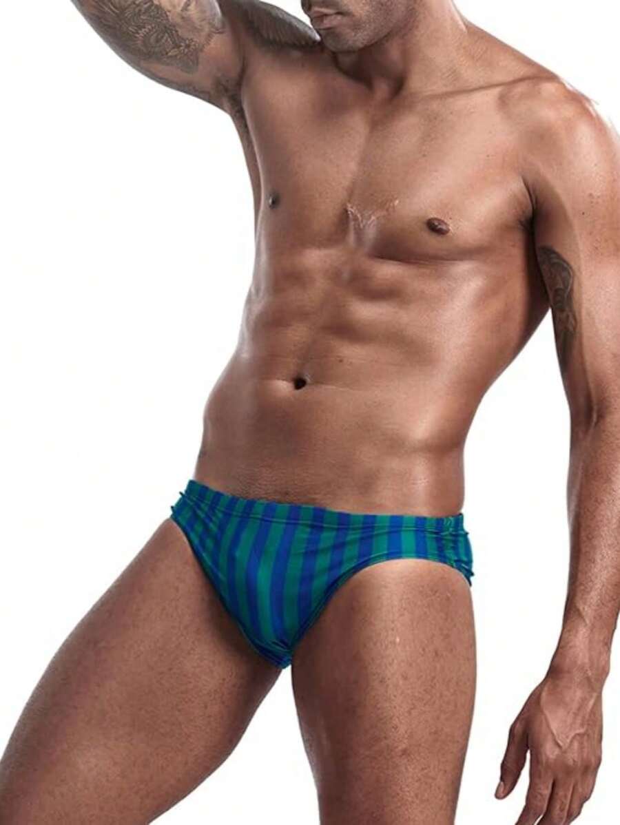 1 Pc Men's Vertical Striped Sexy Triangle Swimming Trunks - Dark Green - View 1