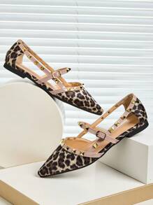 Leopard Print Flat Comfortable Casual & Fashion Rivet Decor Women Loafers