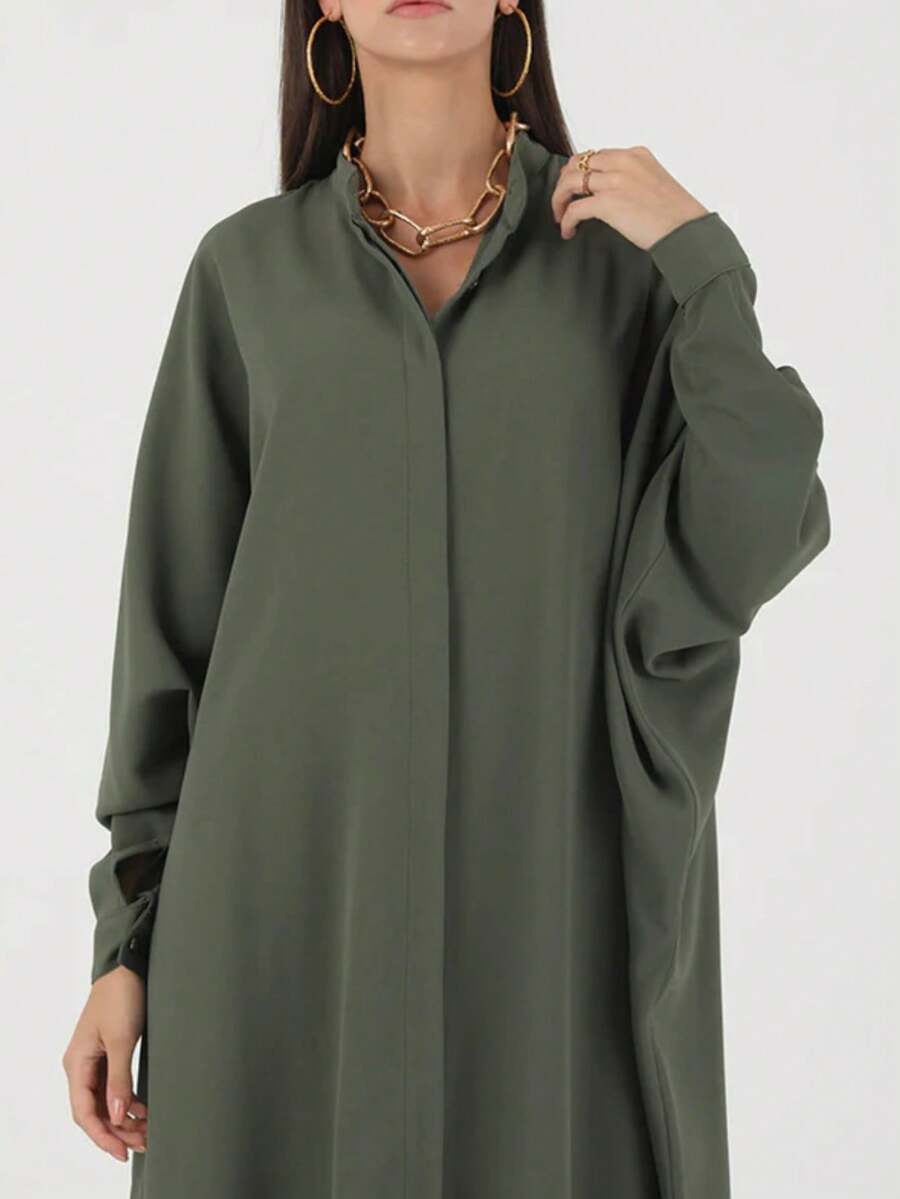 Vestido casual de manga larga con botones al frente de estilo árabe sencillo para mujer