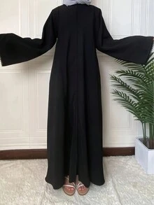 Abaya Elegante de Cor Sólida Estilo Turco/Modesta com Zíper e Renda para Mulheres