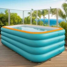 1pc Inflatable Large Adult Swimming Pool, Orange, High & Thick, Water Park, Portable Foldable Pool For Summer, Beach Essentials, Beach Accessories, Pool Float - Blue - View 2