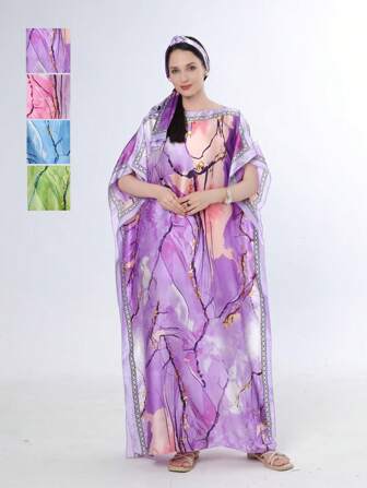 1件几何图案长袍，带披肩领（含1条围巾），适合连衣裙穿着。