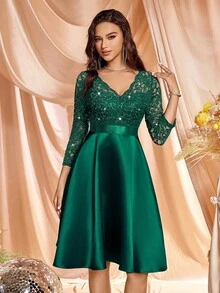 MIUSOL Sequin Floral Lace Contrast Satin V-Neck 3/4 Sleeve Swing Dress, Wedding Guest Dress, Semi-Formal Party Dress, A-Line Skirt - Dark Green - View 6