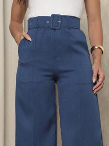 Women's Linen Material Trousers With Belt - Dark Wash - View 4