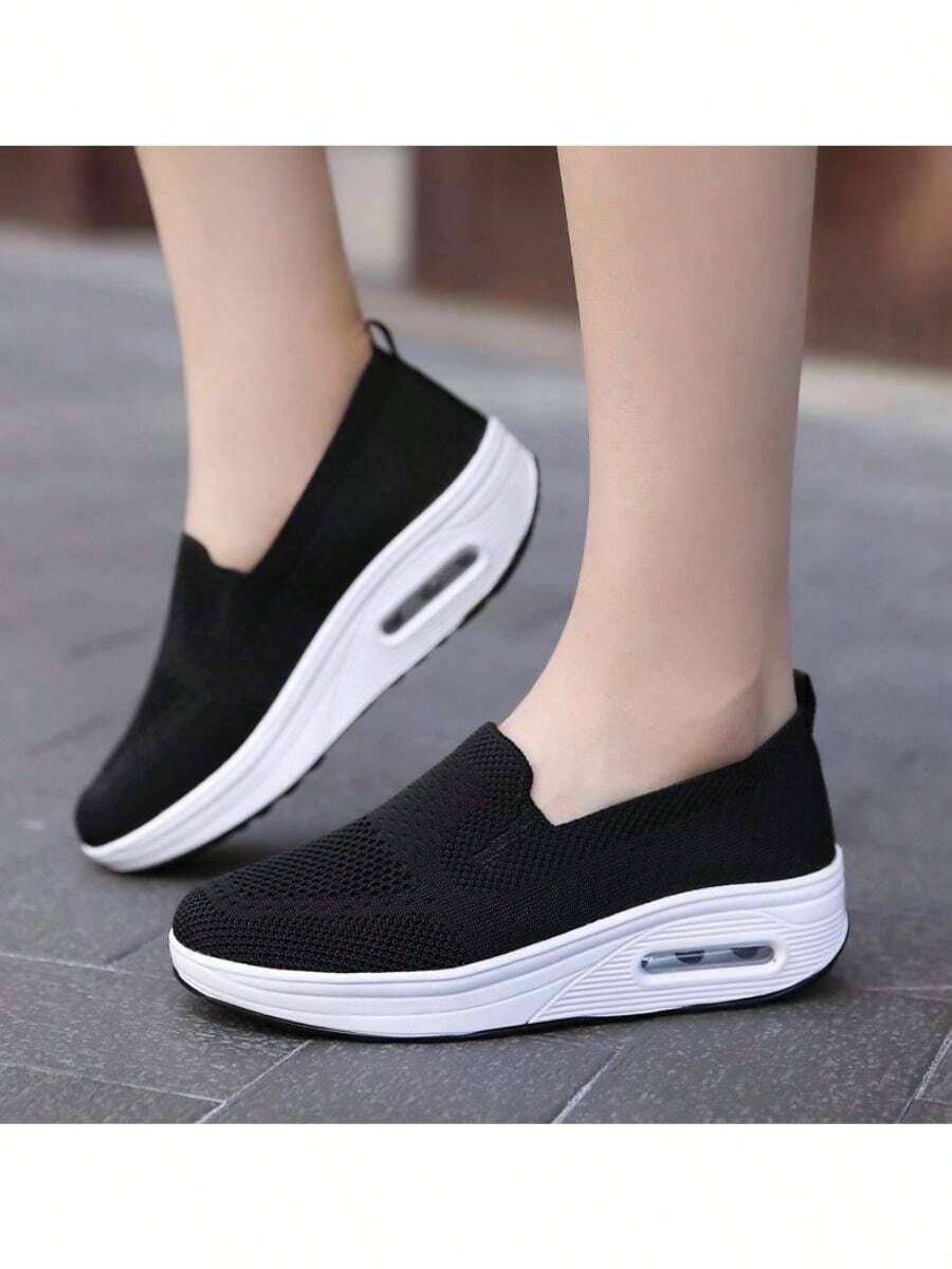 Zapatillas deportivas casuales de mujer,zapatos de punto con mosca transpirables de color sólido - Negro - Ver 1