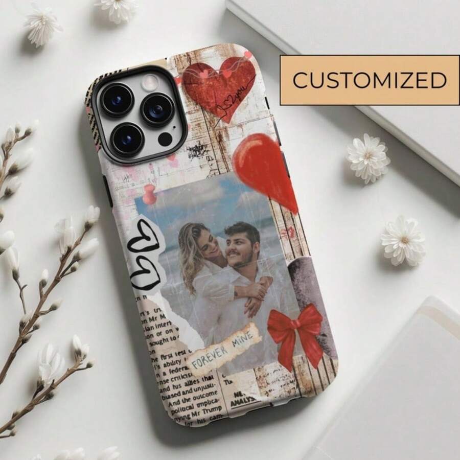 Forever Mine Custom Vintage Red Photo Collage Tough Phone Case, Valentine's Day, Couples Gift, IPhone 16 15 14 13 12 11 X Pro Max Plus - Multicolor - View 1