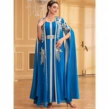 Muslim Robe Women's Long Skirt Abaya Fashionable Two-Piece Evening Dress - Blue - View 2