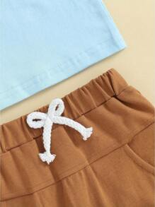 Toddler Boy Summer Clothes Letter Print Short Sleeve T-Shirt With Elastic Waist Solid Color Shorts 2Pcs Outfit - 天藍色 - 查看 6