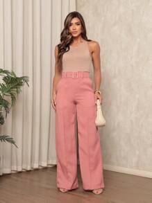 Women's Linen Material Trousers With Belt - Party Punch - View 1