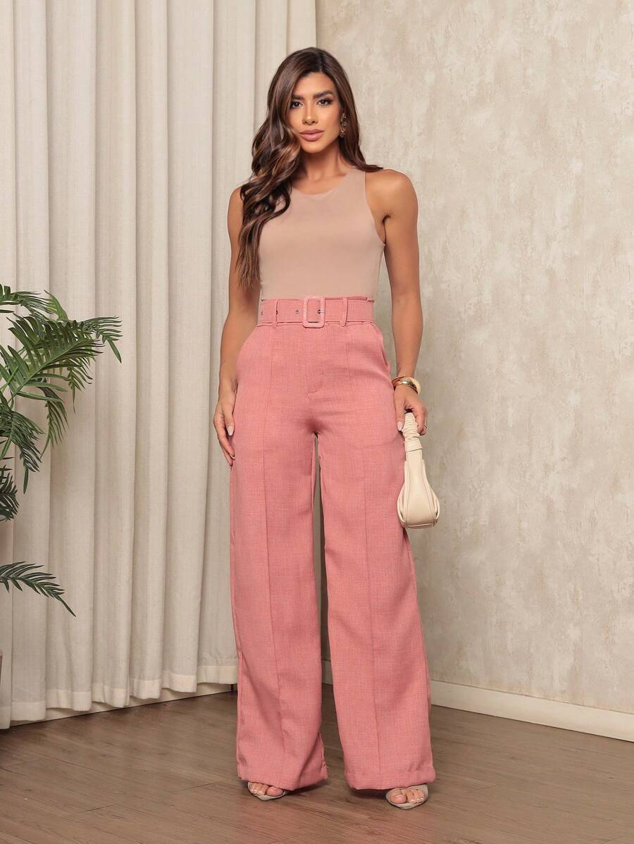 Women's Linen Material Trousers With Belt - Party Punch - View 1