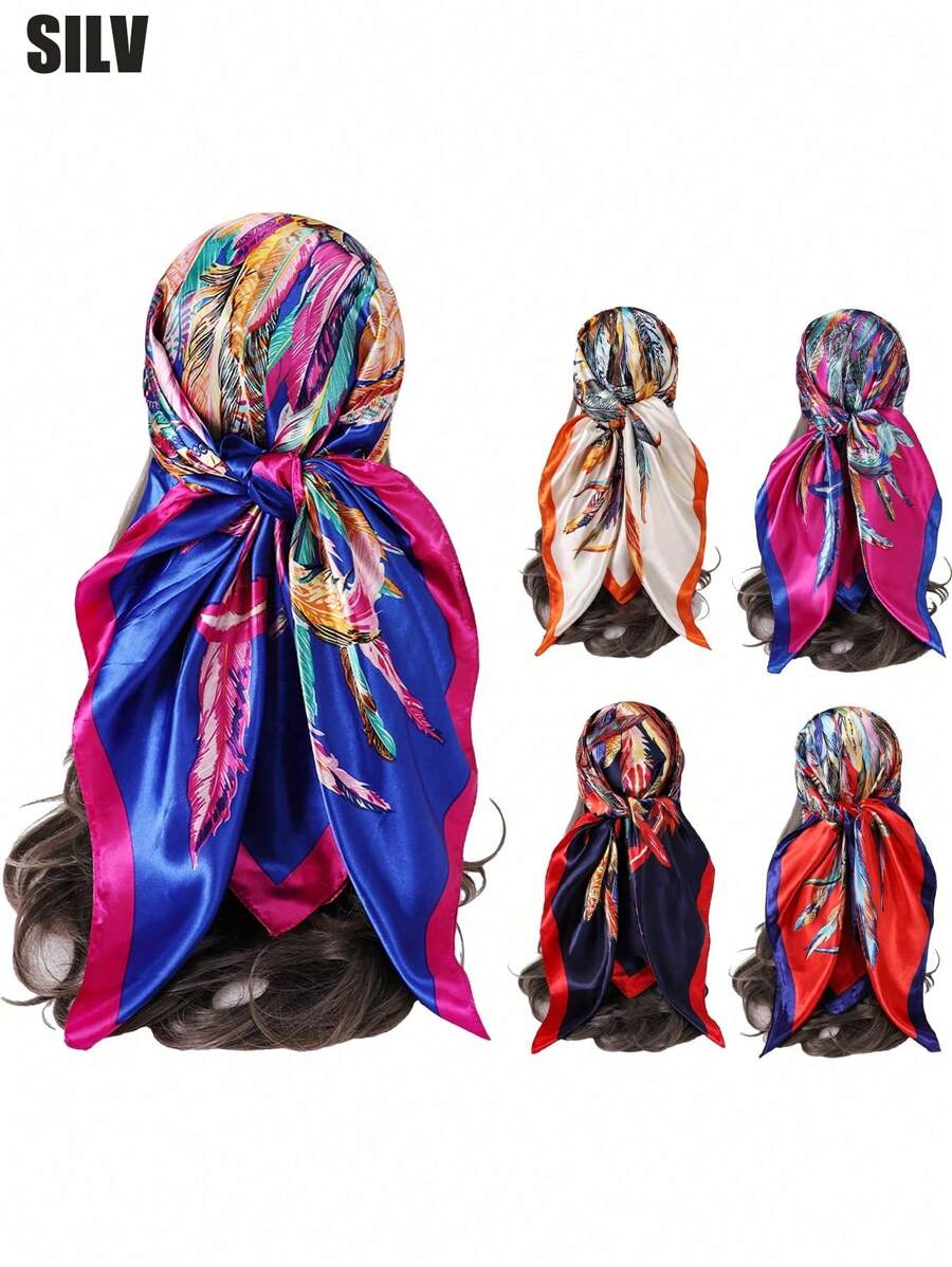 1入組女性羽毛和鏈條印花圍巾，頭巾，方形圍巾，頭巾，頭部包裝，頭部包裝上衣，波希米亞風格頭巾，髮箍，頭帶，時尚配件波希米亞風格頭巾，理想裝飾您的造型 - 寶藍色 - 查看 1