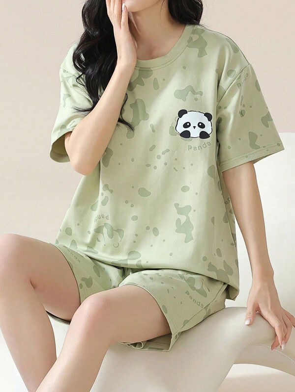 AICJ 2pcs Women Casual Simple Spring/Summer Panda Print Short Sleeve T-Shirt And Shorts Pajamas Set,Two Pieces Set