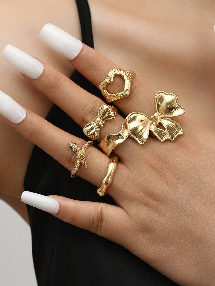 6pcs Set Rhinestone Snake Ring, Bow And Heart Shaped Knuckle Rings, Suitable For Women's Daily Casual And Party Wear Valentines,Mom,Mother,Mother's Day,Gift