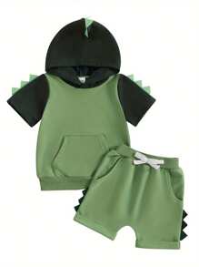 Toddler Boy Summer Clothes Dinosaur Short Sleeve Hood T-Shirt Elastic Waist Pocket Shorts Outfit - Green - View 1