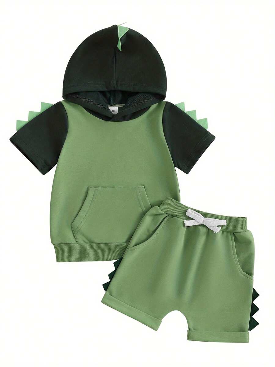 Toddler Boy Summer Clothes Dinosaur Short Sleeve Hood T-Shirt Elastic Waist Pocket Shorts Outfit - Green - View 1