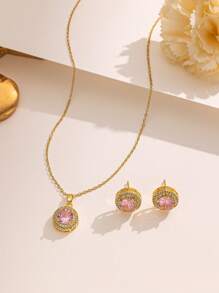 1 Set Stainless Steel Jewelry, Pink Circle Shaped Women Jewelry Set, Creative Design, Simple & Luxurious, Vintage Style, Elegant & Classic Fashion, Suitable For Casual, Party, Holiday, Valentine's Day, Ramadan, Great Gift Choice (OPP Bag & Box For Shooting Only) - Pink - View 5