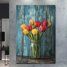 Rustic Tulips Canvas Print,  Colorful Bouquet In A Glass Jar,  Weathered Blue Wood Background,  Floral Wall Art