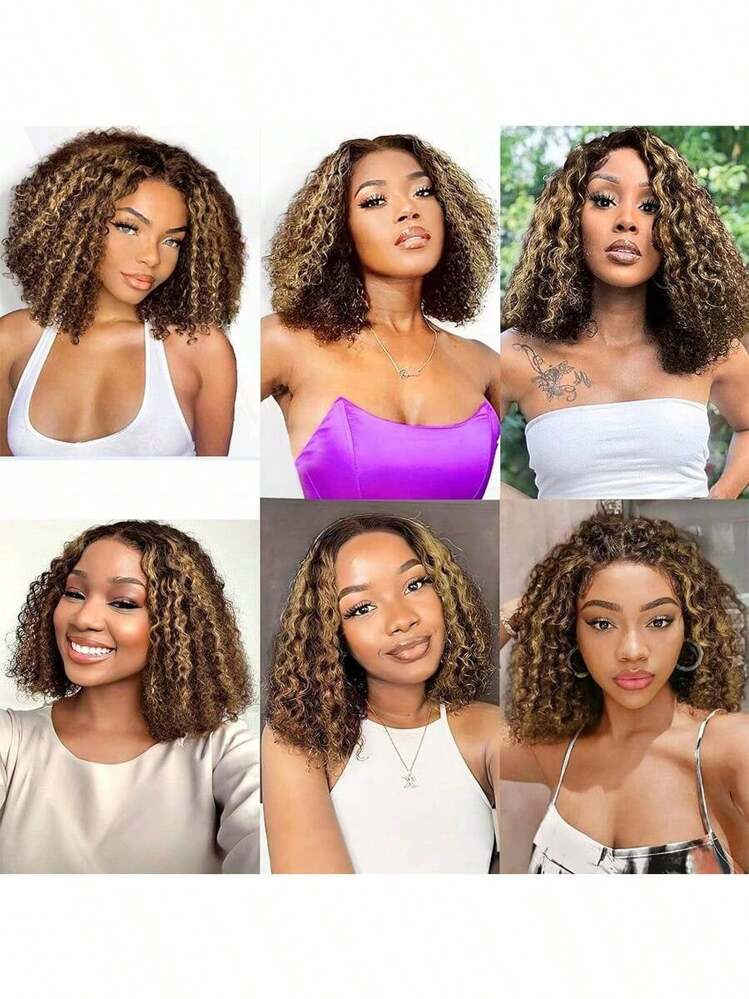 PAZAT Honey Blonde Curly Wig Human Hair 13x4 HD Highlight Ombre Deep Wave Lace Front Wigs Human Hair Pre Plucked 180% Density 4/27 Colored Bob Wigs For Women Wet And Wavy Lace Front Wigs - Piano Color - View 7