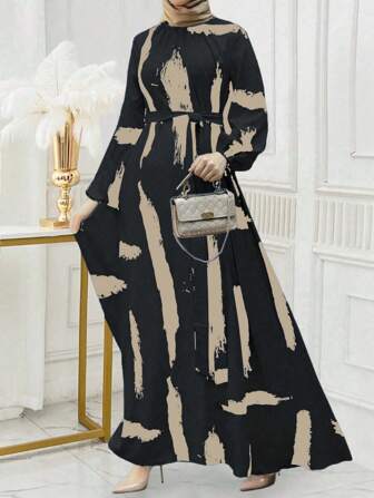 Kvinnors långärmad tryckt minimalistisk avslappnad Elegant lång klänning