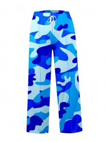 Women's Spring Summer Baggy Pants Drawstring Camouflage Loose Fit Wide Leg Trousers - 藍色 - 查看 8