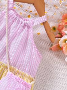 Young Girls Plaid Splicing Ruffle Trim Cute Vacation Halter Dress With Matching Crossbody Bag, Spring/Summer - Pink - View 4