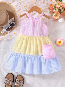 Young Girls Plaid Splicing Ruffle Trim Cute Vacation Halter Dress With Matching Crossbody Bag, Spring/Summer - Pink - View 2
